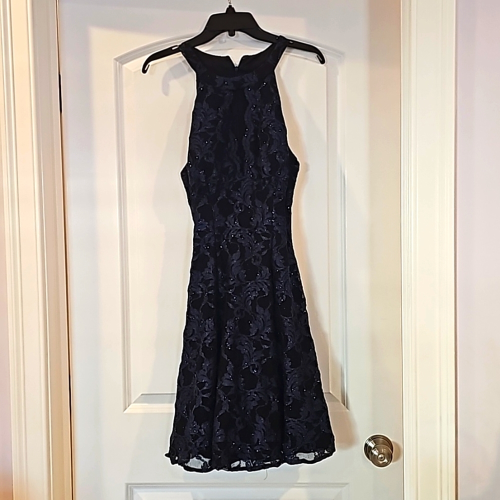 Nightway fit and flare dress, miidnight blue lace overlay w/black base.